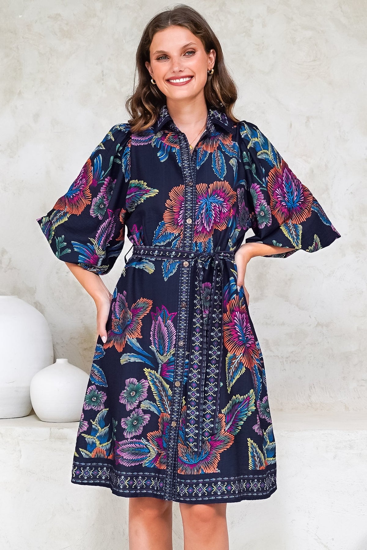Francini Mini Dress - Collared Shirt Dress with Matching Belt in Elle Print Navy