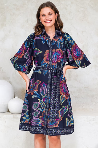 Francini Mini Dress - Collared Shirt Dress with Matching Belt in Elle Print Navy