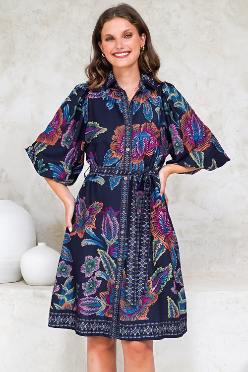 Francini Mini Dress - Collared Shirt Dress with Matching Belt in Elle Print Navy