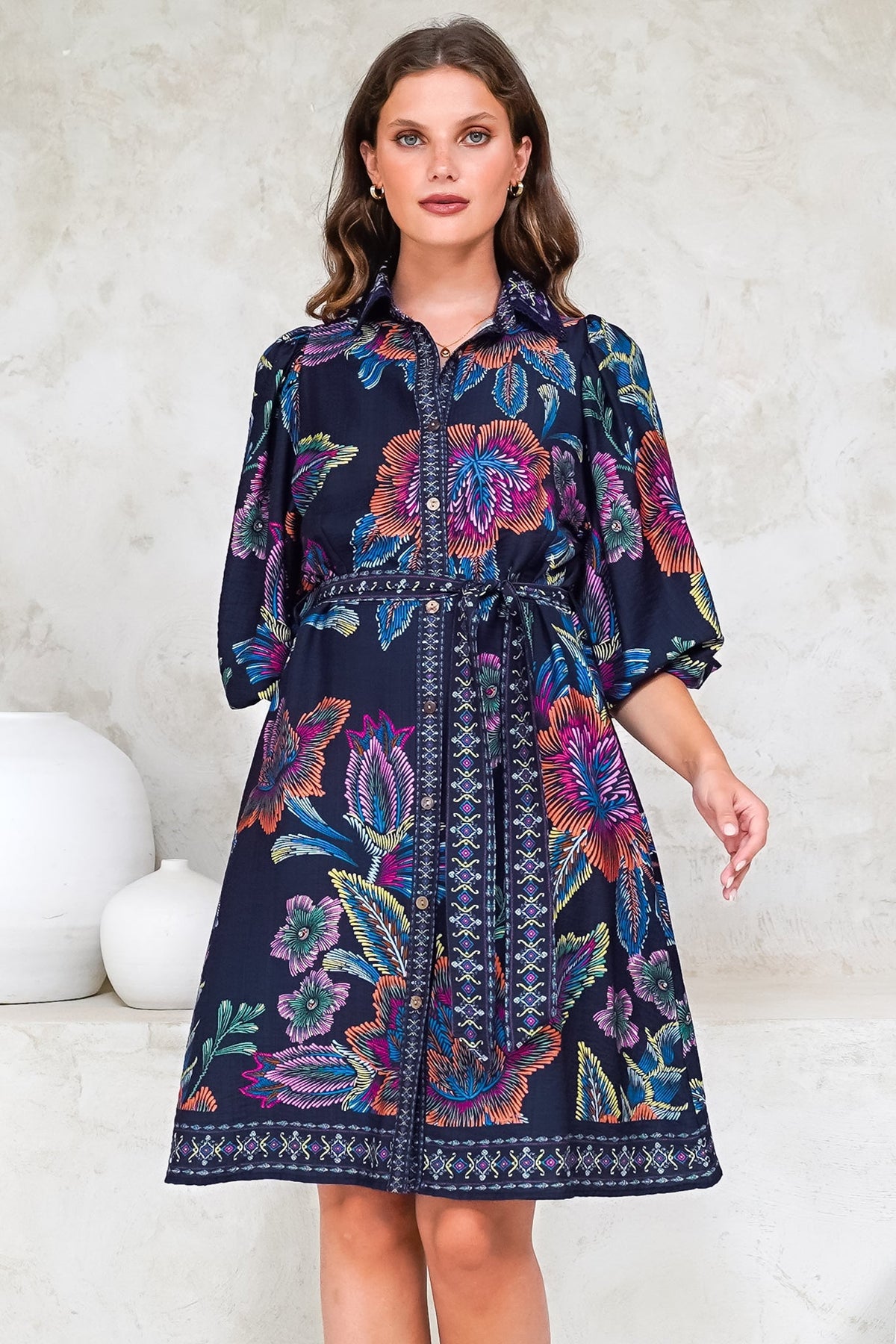 Francini Mini Dress - Collared Shirt Dress with Matching Belt in Elle Print Navy