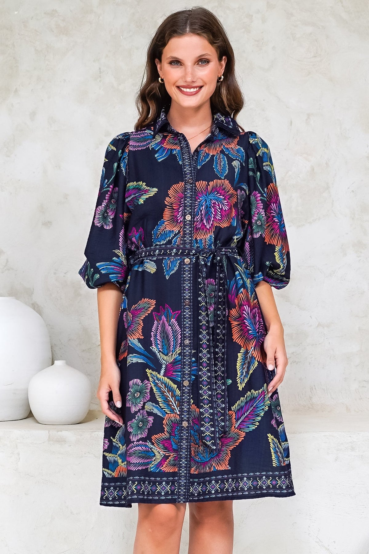 Francini Mini Dress - Collared Shirt Dress with Matching Belt in Elle Print Navy