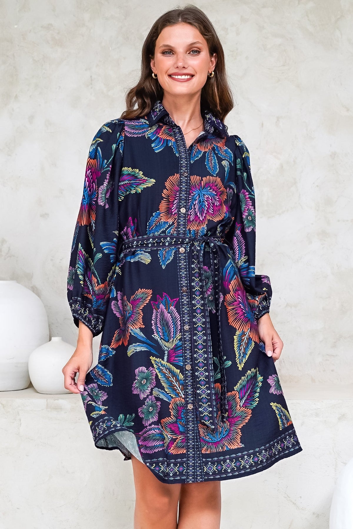 Francini Mini Dress - Collared Shirt Dress with Matching Belt in Elle Print Navy