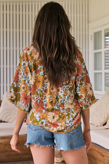 JAASE - Gabriella Top: Mandarin Collar Deep V Neck Crochet Trim Top in Mimosa Print
