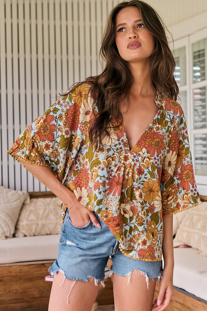 JAASE - Gabriella Top: Mandarin Collar Deep V Neck Crochet Trim Top in Mimosa Print
