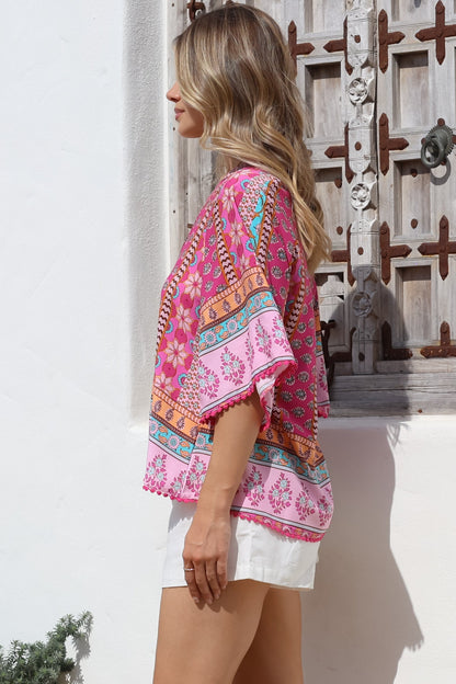 JAASE - Gabriella Top: Mandarin Collar Deep V Neck Crochet Trim Top in Cedella Print