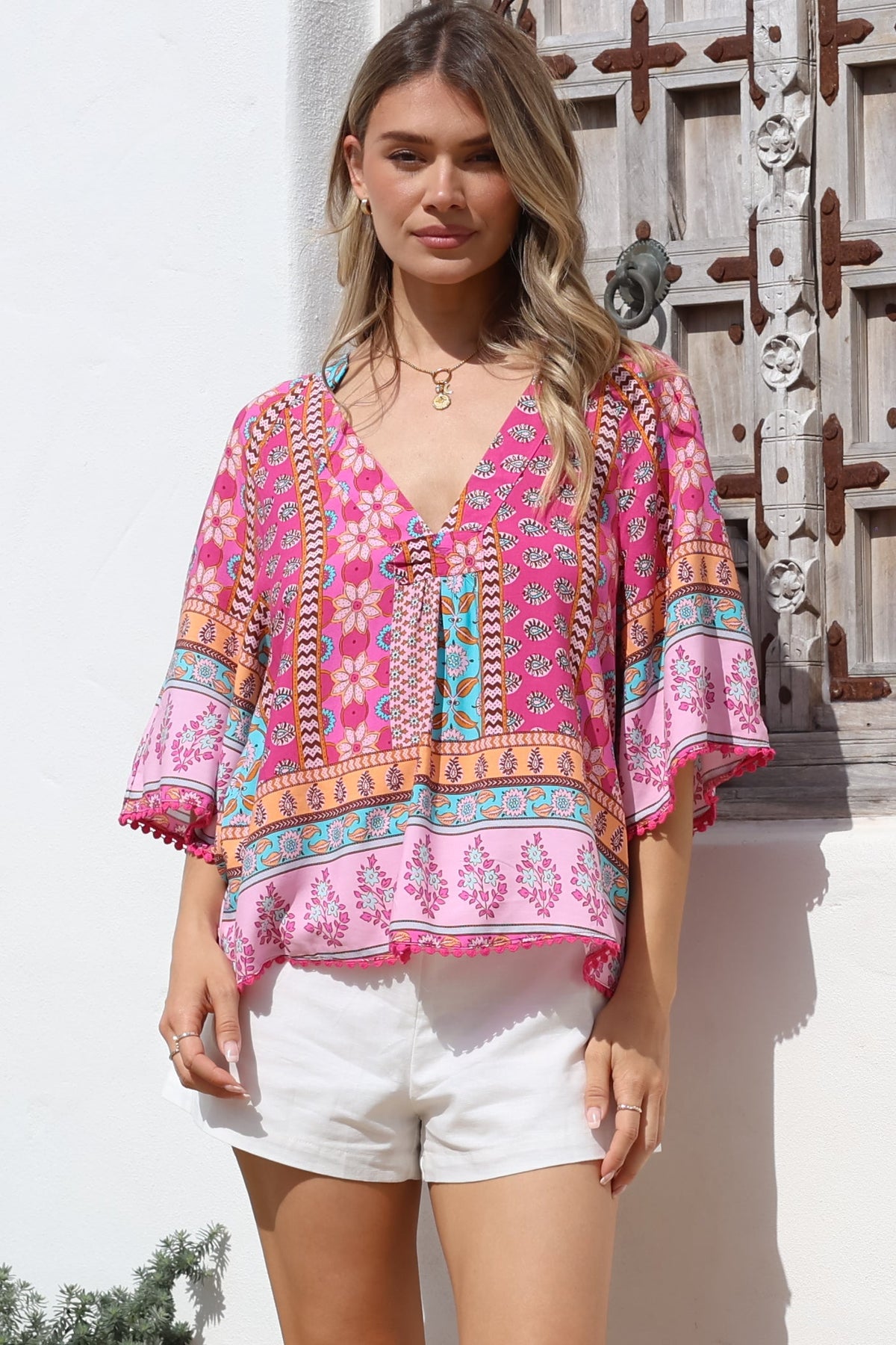 JAASE - Gabriella Top: Mandarin Collar Deep V Neck Crochet Trim Top in Cedella Print
