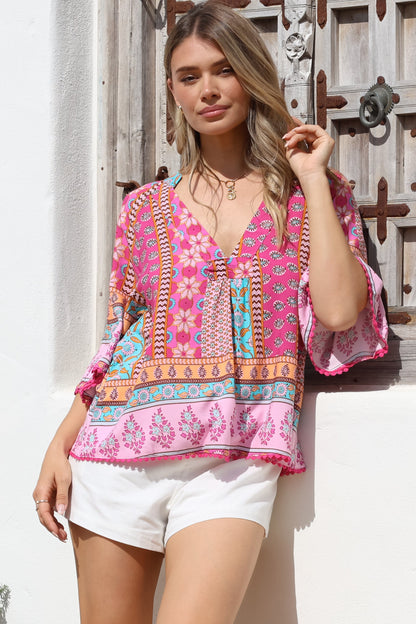 JAASE - Gabriella Top: Mandarin Collar Deep V Neck Crochet Trim Top in Cedella Print