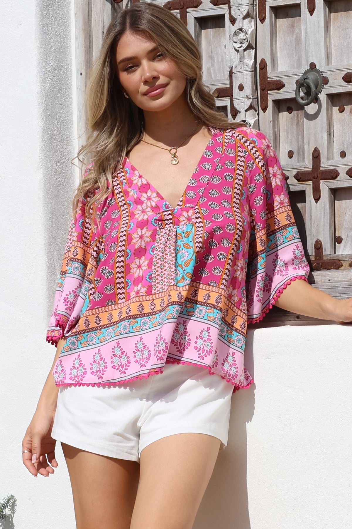 JAASE - Gabriella Top: Mandarin Collar Deep V Neck Crochet Trim Top in Cedella Print