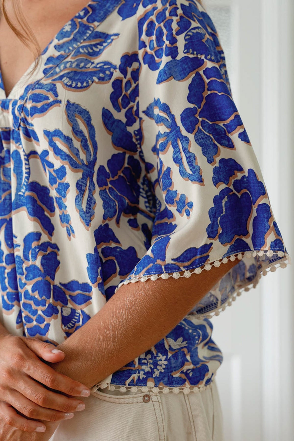 JAASE - Gabriella Top: Mandarin Collar Deep V Neck Crochet Trim Top in Indigo Bloom Print