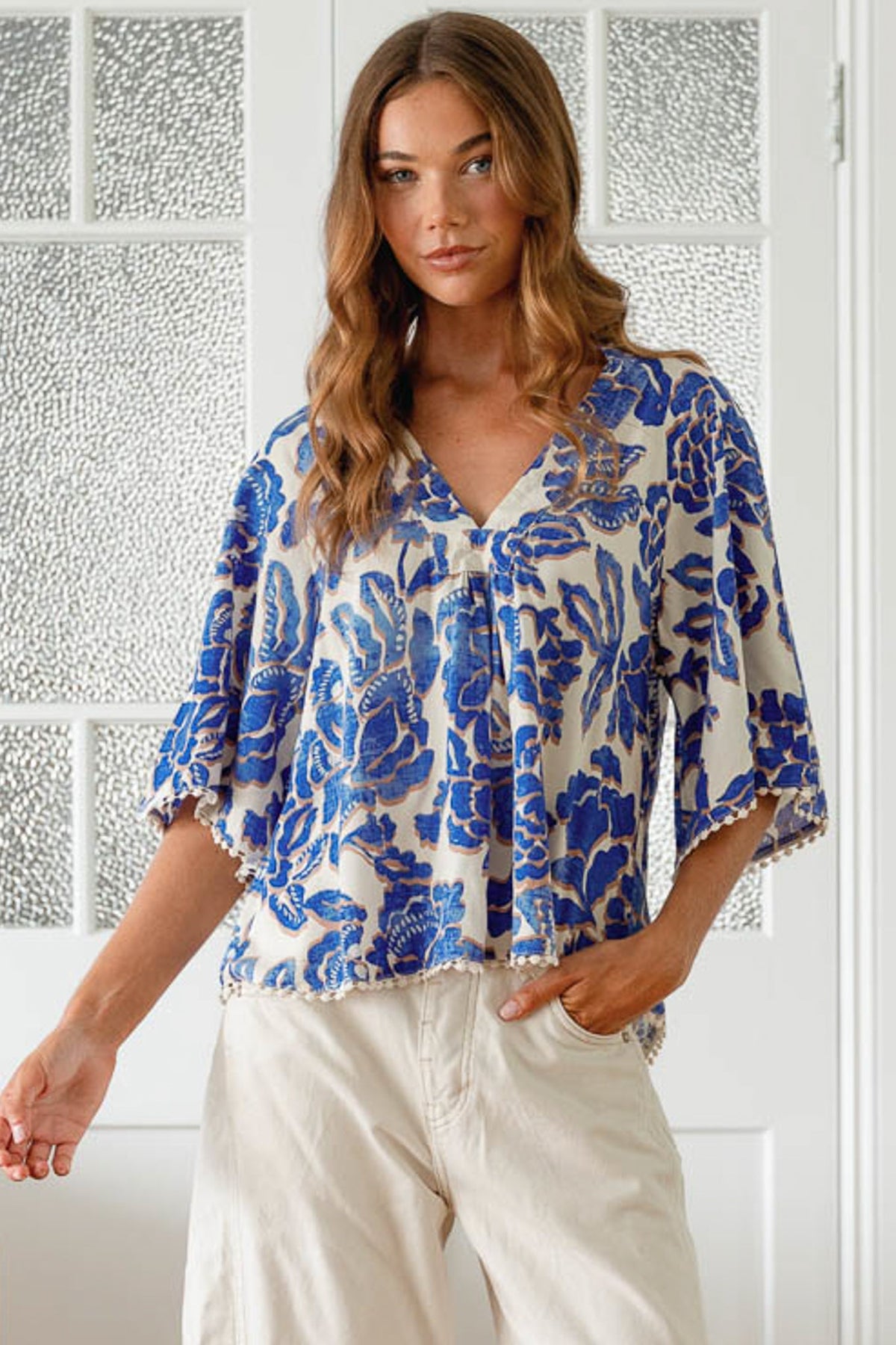 JAASE - Gabriella Top: Mandarin Collar Deep V Neck Crochet Trim Top in Indigo Bloom Print