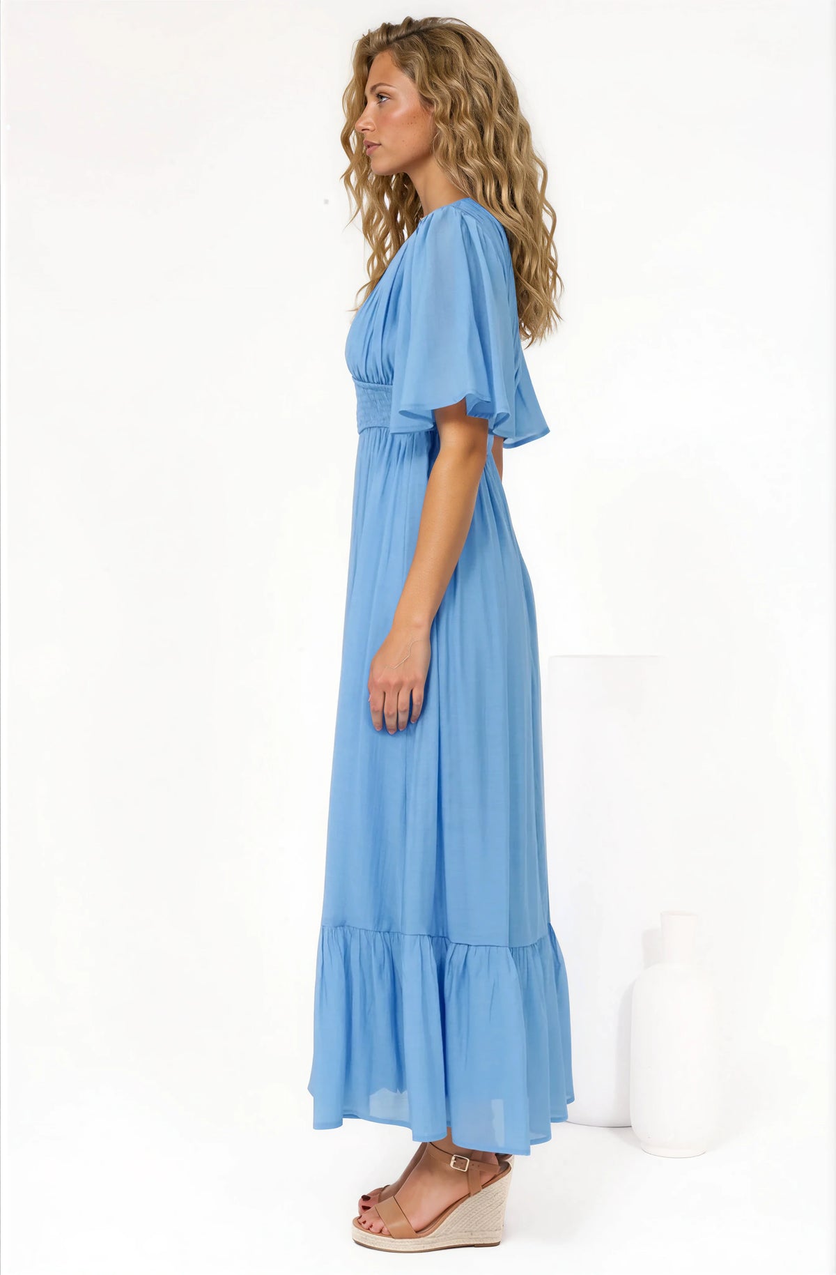 Glades Maxi Dress - V Neck Shirred Waist A Line Dress in Blue