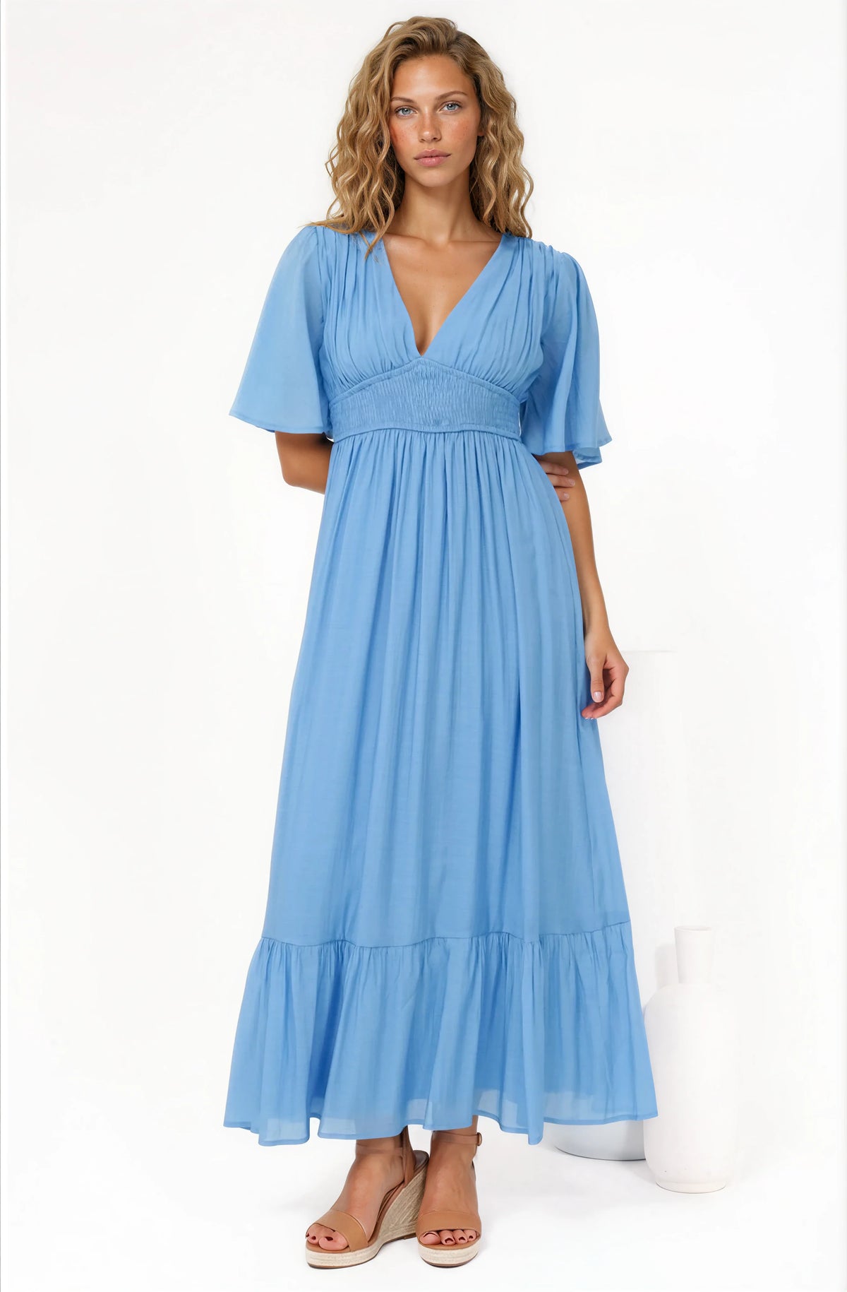 Glades Maxi Dress - V Neck Shirred Waist A Line Dress in Blue