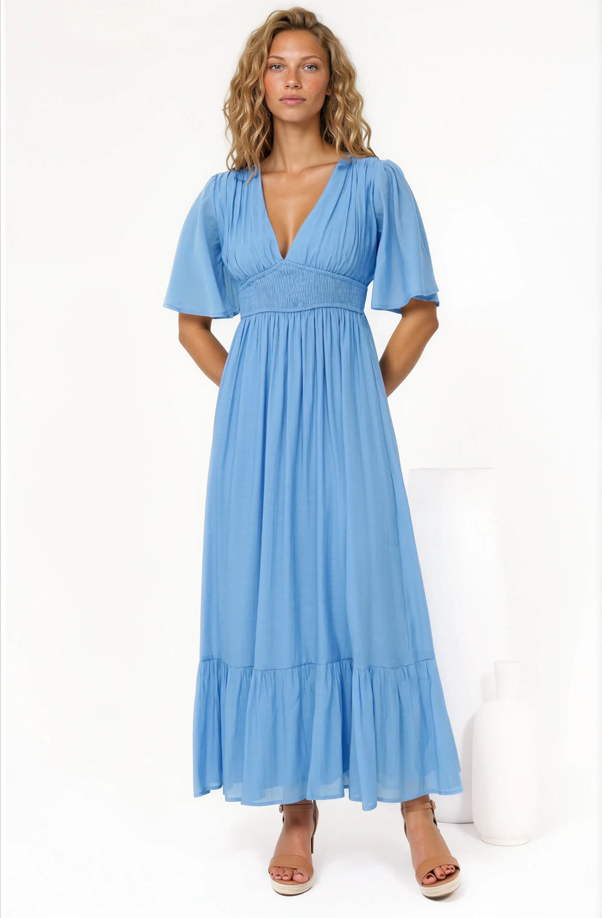Glades Maxi Dress - V Neck Shirred Waist A Line Dress in Blue