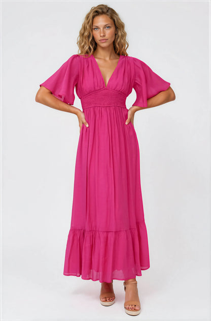 Glades Maxi Dress - V Neck Shirred Waist A Line Dress in Hot Pink