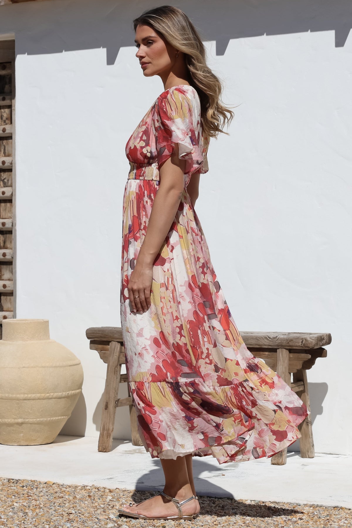 Glades Maxi Dress - V Neck Shirred Waist A Line Dress in Kamara Print Red