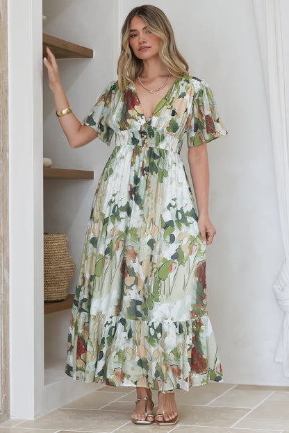 Glades Maxi Dress - V Neck Shirred Waist A Line Dress in Kamara Print Green