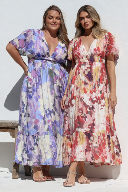 Glades Maxi Dress - V Neck Shirred Waist A Line Dress in Kamara Print Red