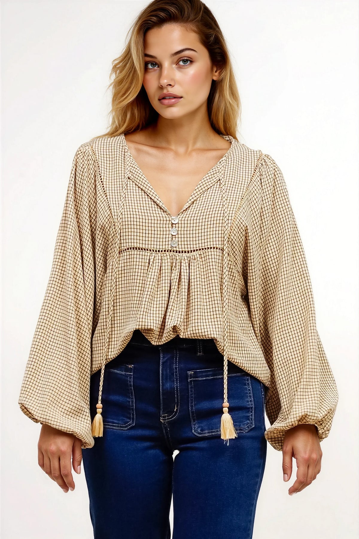 Graya Top - Gingham Ladder Lace Detailed Pull Over with Balloon Sleeves in Echo Print Beige