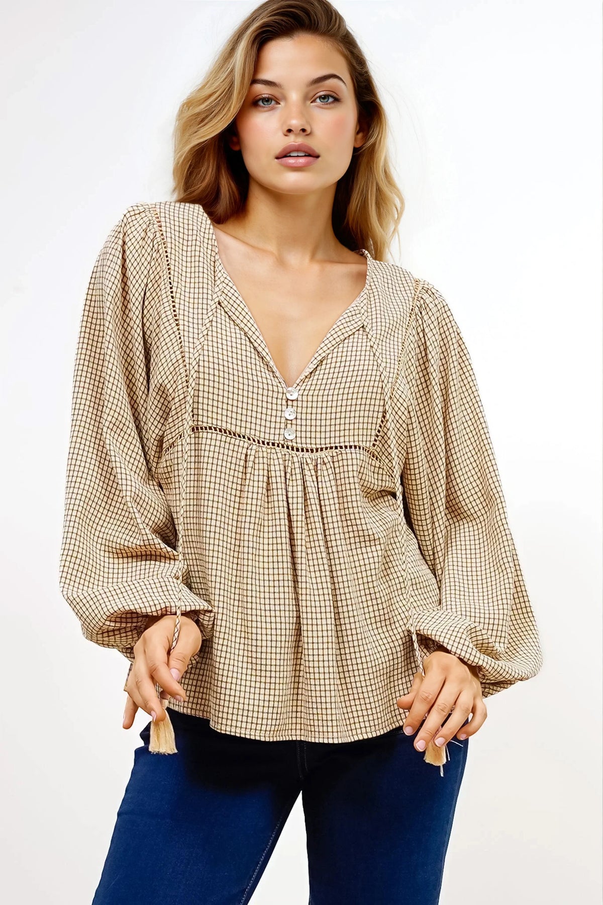 Graya Top - Gingham Ladder Lace Detailed Pull Over with Balloon Sleeves in Echo Print Beige