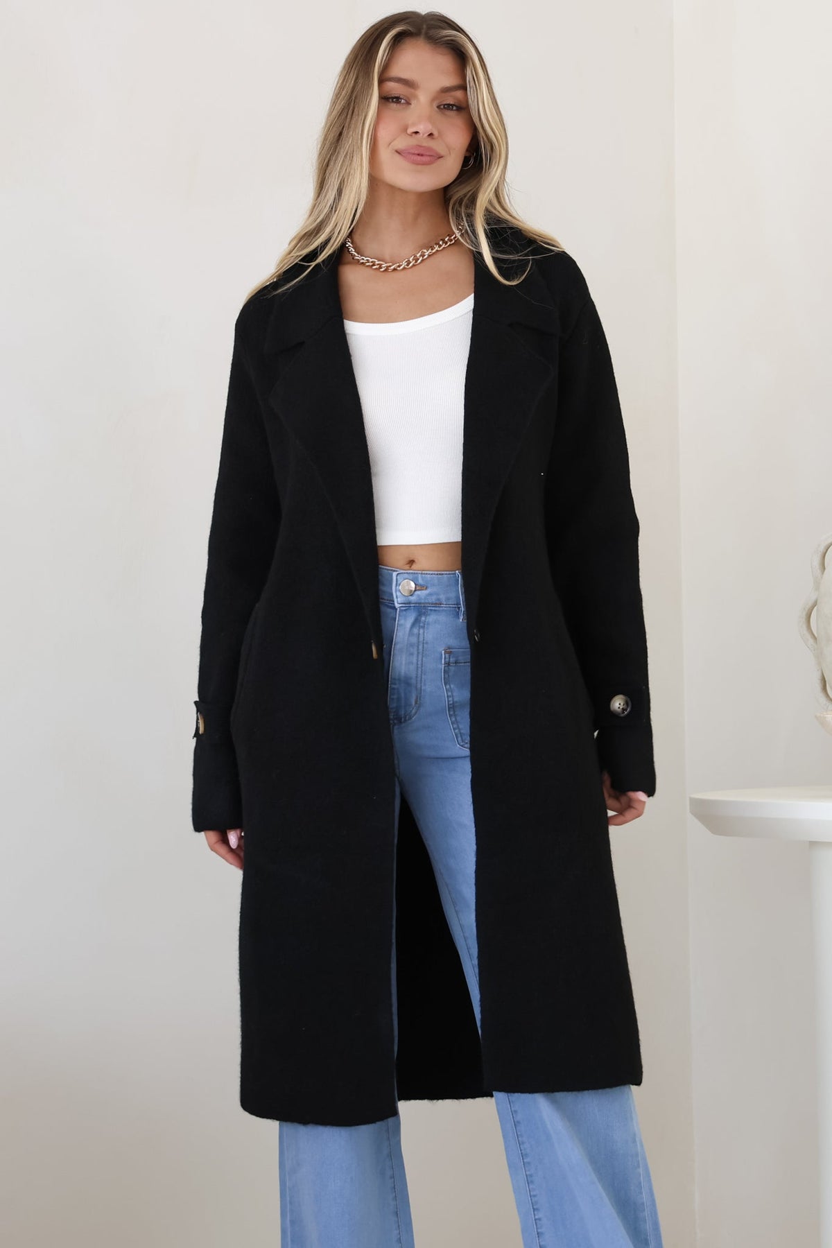 Griffin Cardigan - Collared Button Closure Coatigan with Pockets in Black