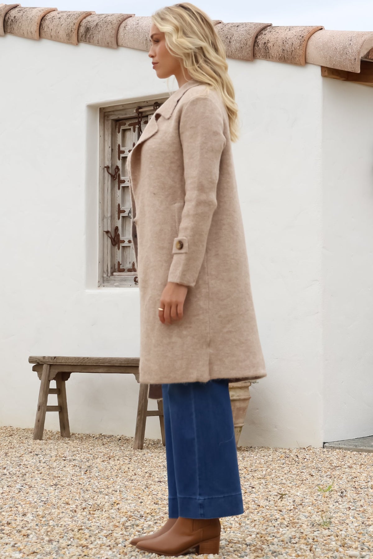 Griffin Cardigan - Collared Button Closure Coatigan with Pockets in Taupe
