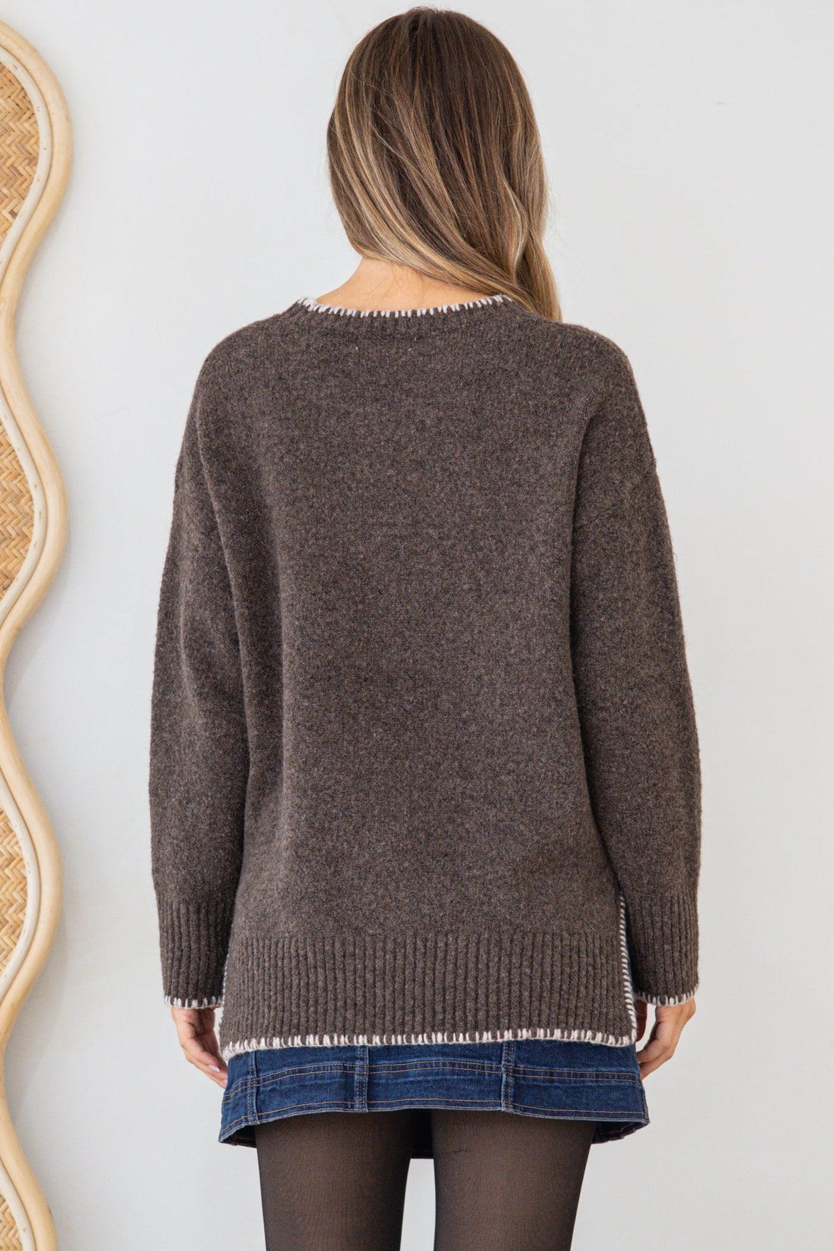 Halo Jumper - Crew Neck Cable Detailed Step Hem Knit with Contrast Hemlines in Dark Brown
