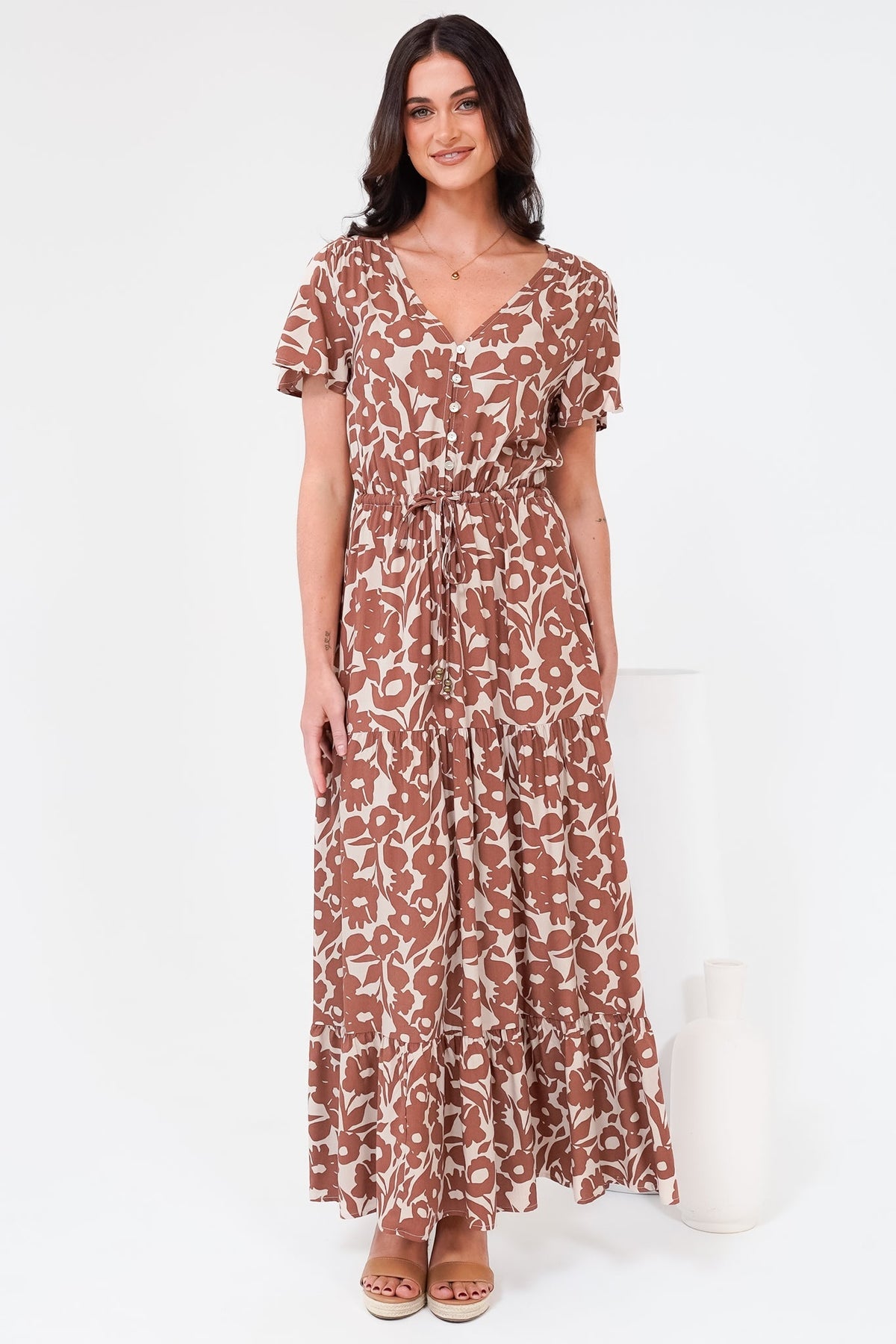 Hanna Maxi Dress - Cap Sleeve Tiered A Line Dress with Toggle Detailed Waist Tie in Emma-Jade Print Brown