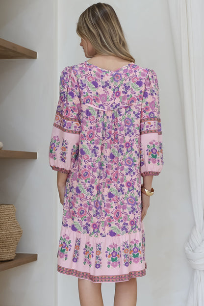 Helda Mini Dress - V-Neck Shift Dress with Balloon Sleeves in Aletta Print Pink