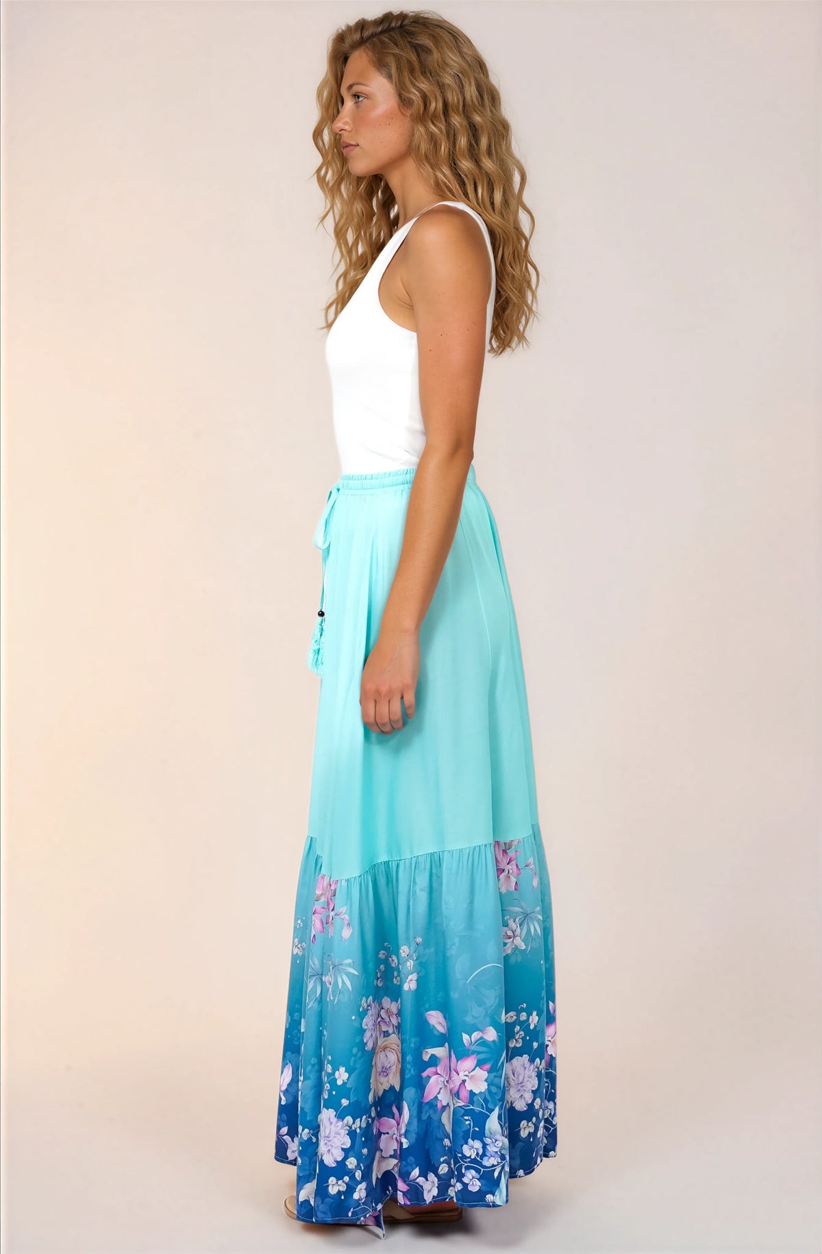 Hellen Maxi Skirt - High Waisted Skirt with Front Splits in Candyce Print Blue