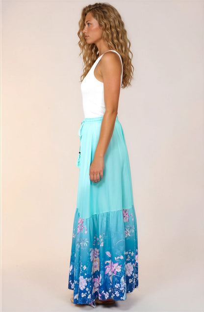Hellen Maxi Skirt - High Waisted Skirt with Front Splits in Candyce Print Blue