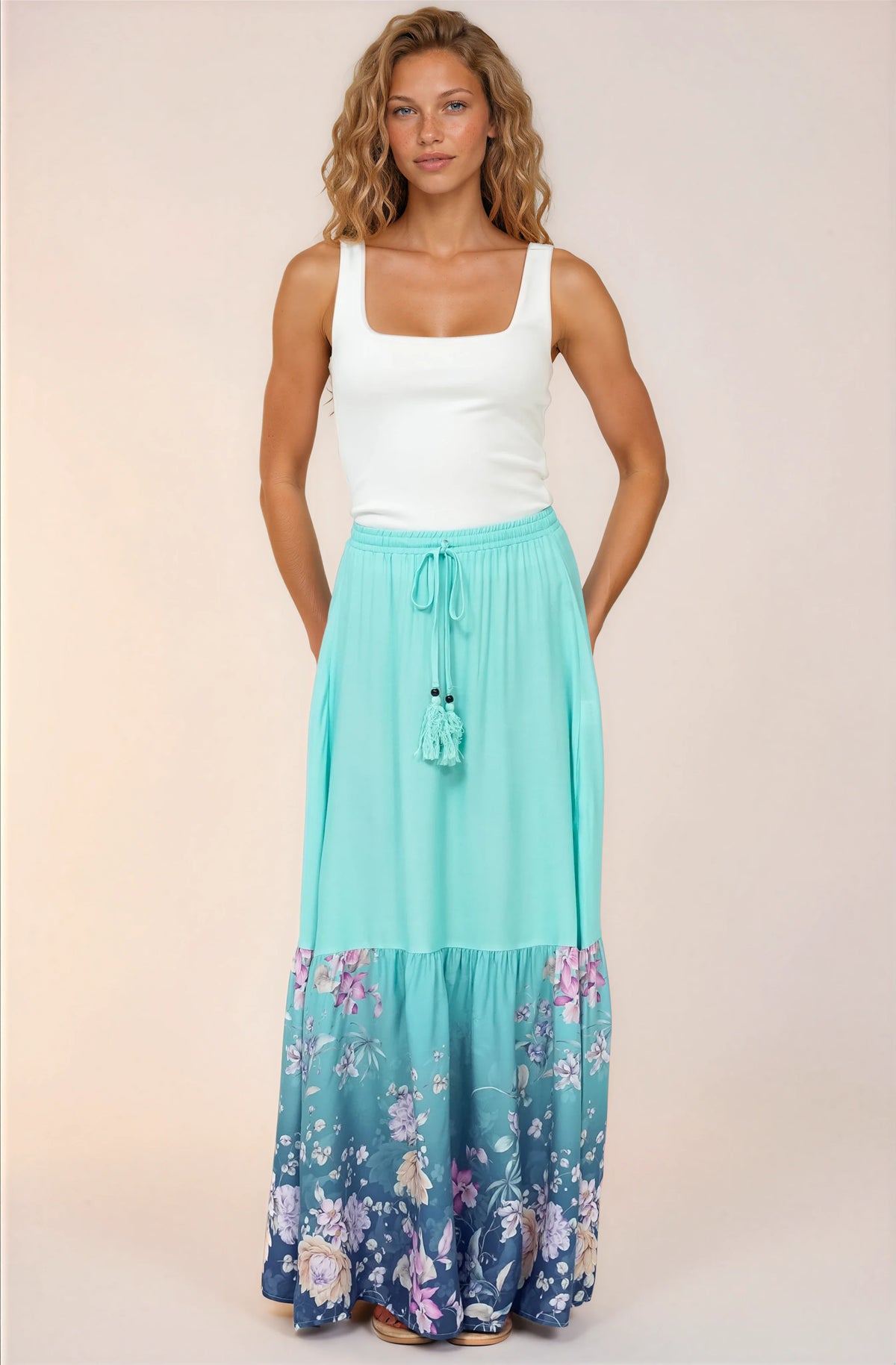 Hellen Maxi Skirt - High Waisted Skirt with Front Splits in Candyce Print Blue