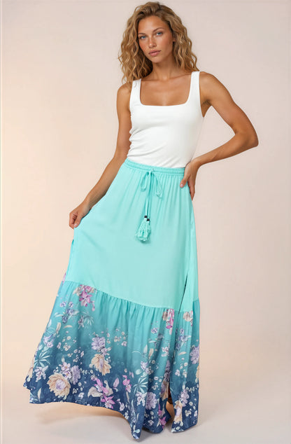 Hellen Maxi Skirt - High Waisted Skirt with Front Splits in Candyce Print Blue