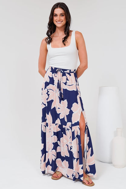 Hellen Maxi Skirt - High Waisted Skirt with Front Splits in Jetson Print Navy