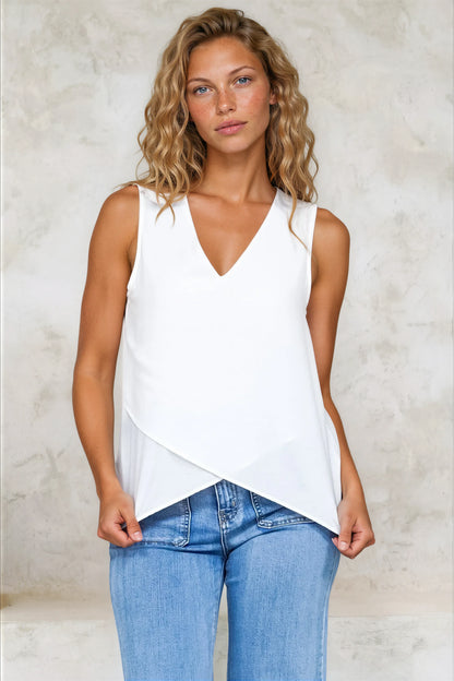 Hemingway Top - Asymmetrical Front High-Low V-Neck Sleeveless Top in White