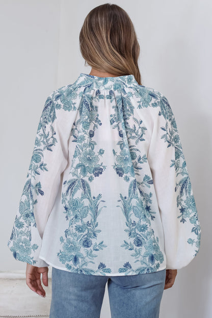 Hilary Blouse - Mandarin Collar Linen Button Down with Balloon Sleeves in Gemma Print Blue