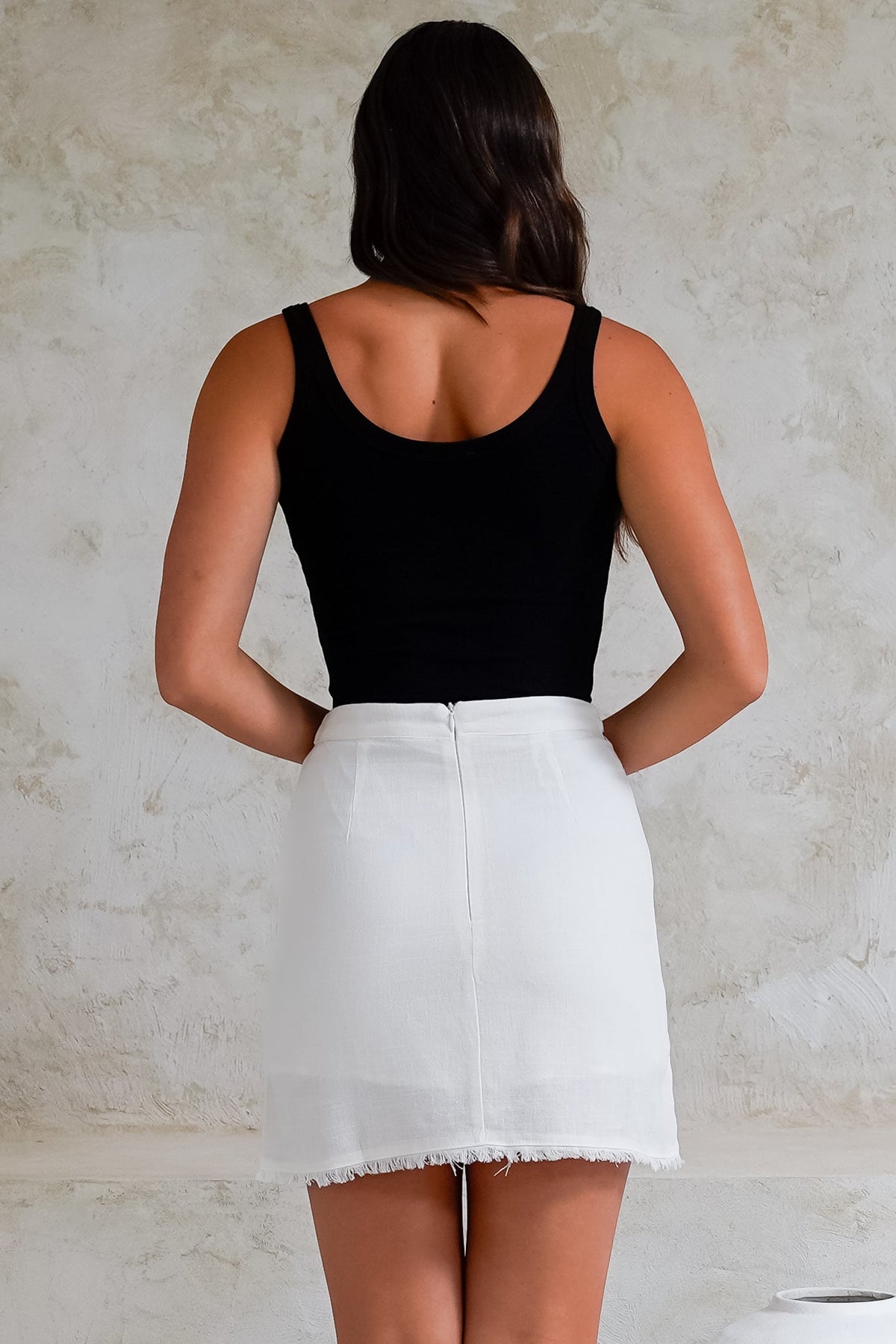 Huxa Mini Skirt - High Waisted Skirt with Raw Trim Hemline in White