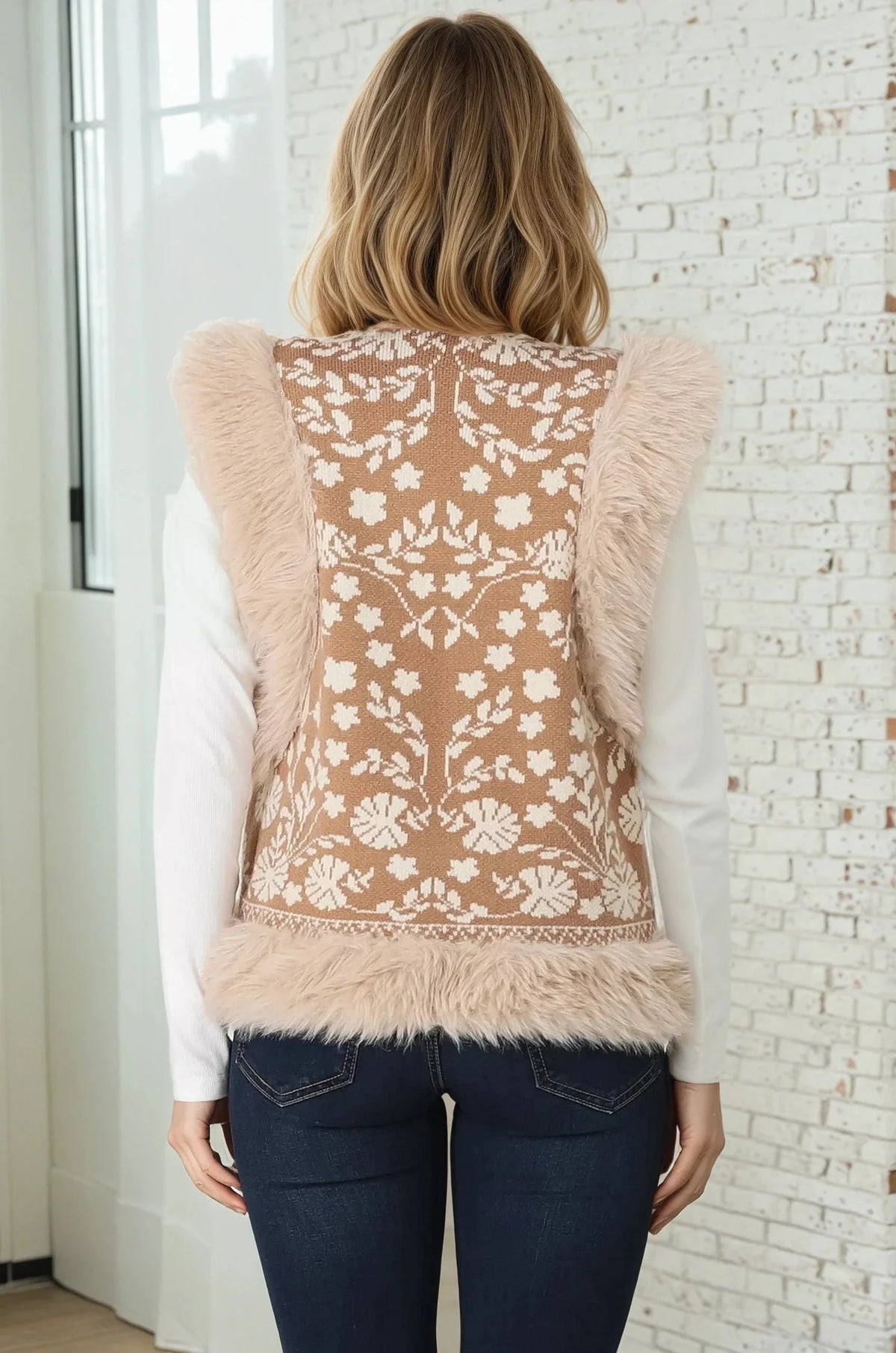 Wolfe Knit Vest - Faux Fur Trim Open Vest in Camel