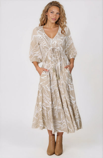 Jaden Midi Dress - Elasticated Bodice A-Line Dress in Jeani Print Beige