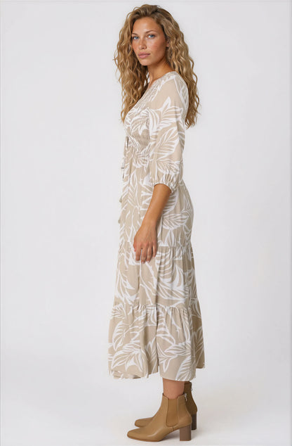 Jaden Midi Dress - Elasticated Bodice A-Line Dress in Jeani Print Beige