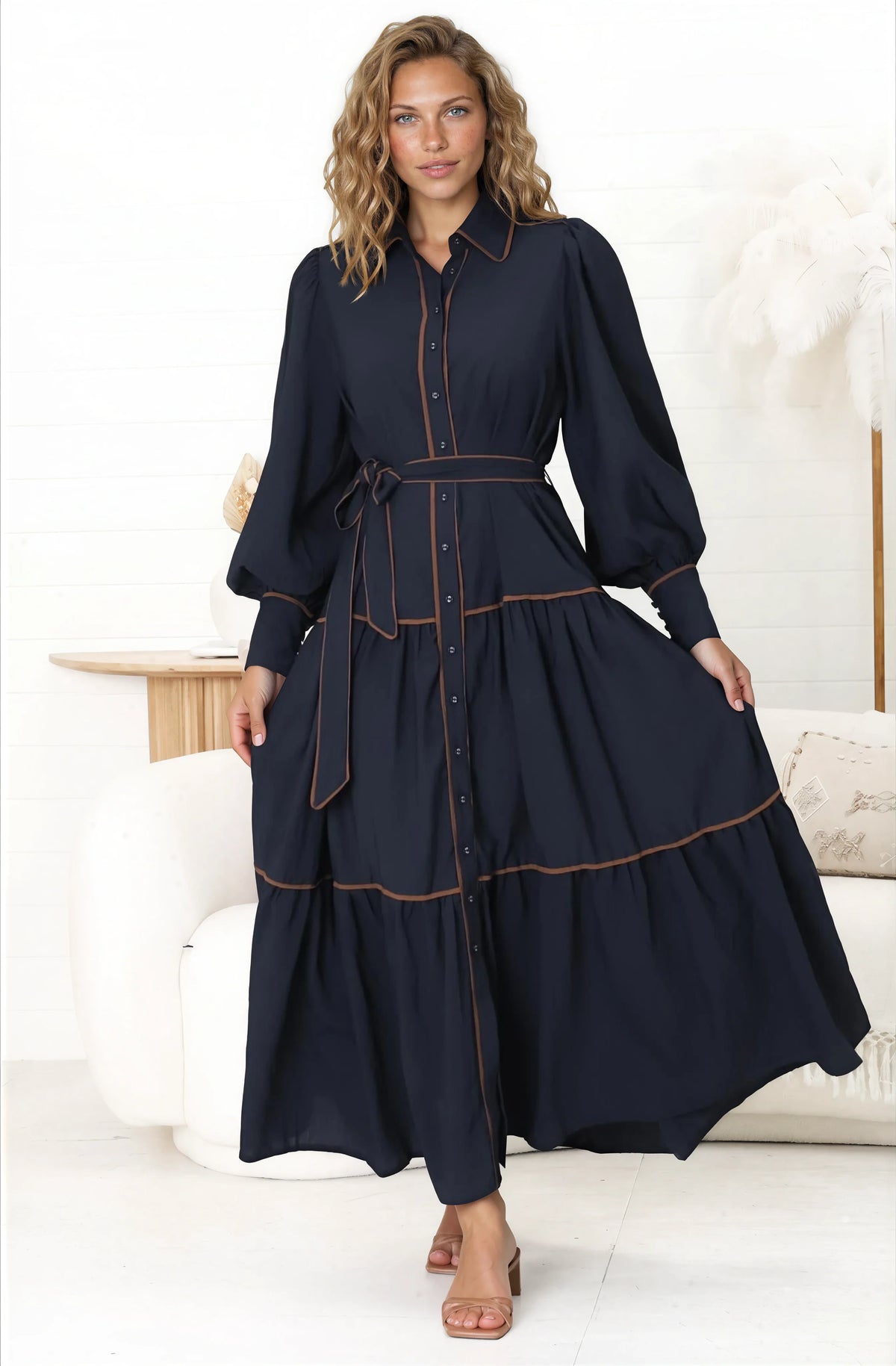 Marise Maxi Dress - A Line Dress with Collared Neckline and Long Sleeves in Navy