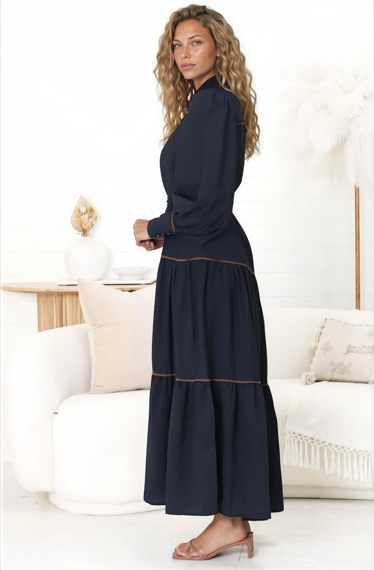 Marise Maxi Dress - A Line Dress with Collared Neckline and Long Sleeves in Navy