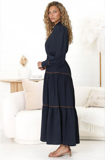 Marise Maxi Dress - A Line Dress with Collared Neckline and Long Sleeves in Navy