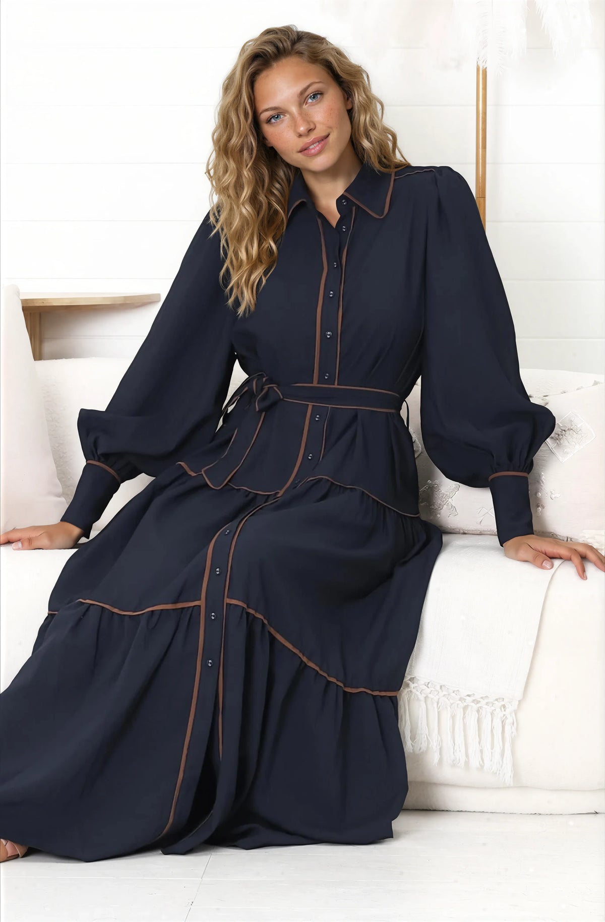 Marise Maxi Dress - A Line Dress with Collared Neckline and Long Sleeves in Navy