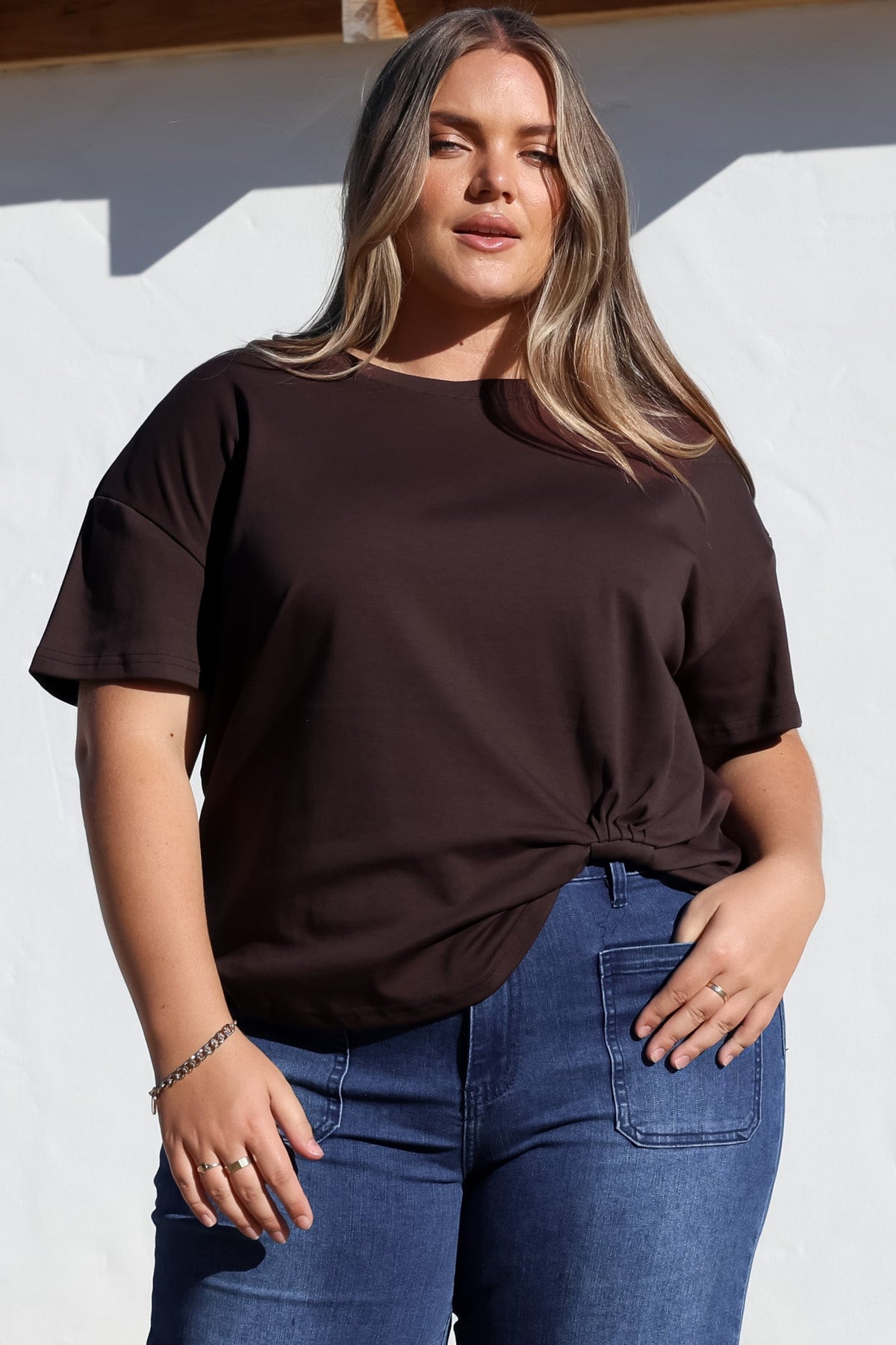 Tuck T-Shirt - Round Neckline Cotton Tee with Gathered Front Detail in Chocolate