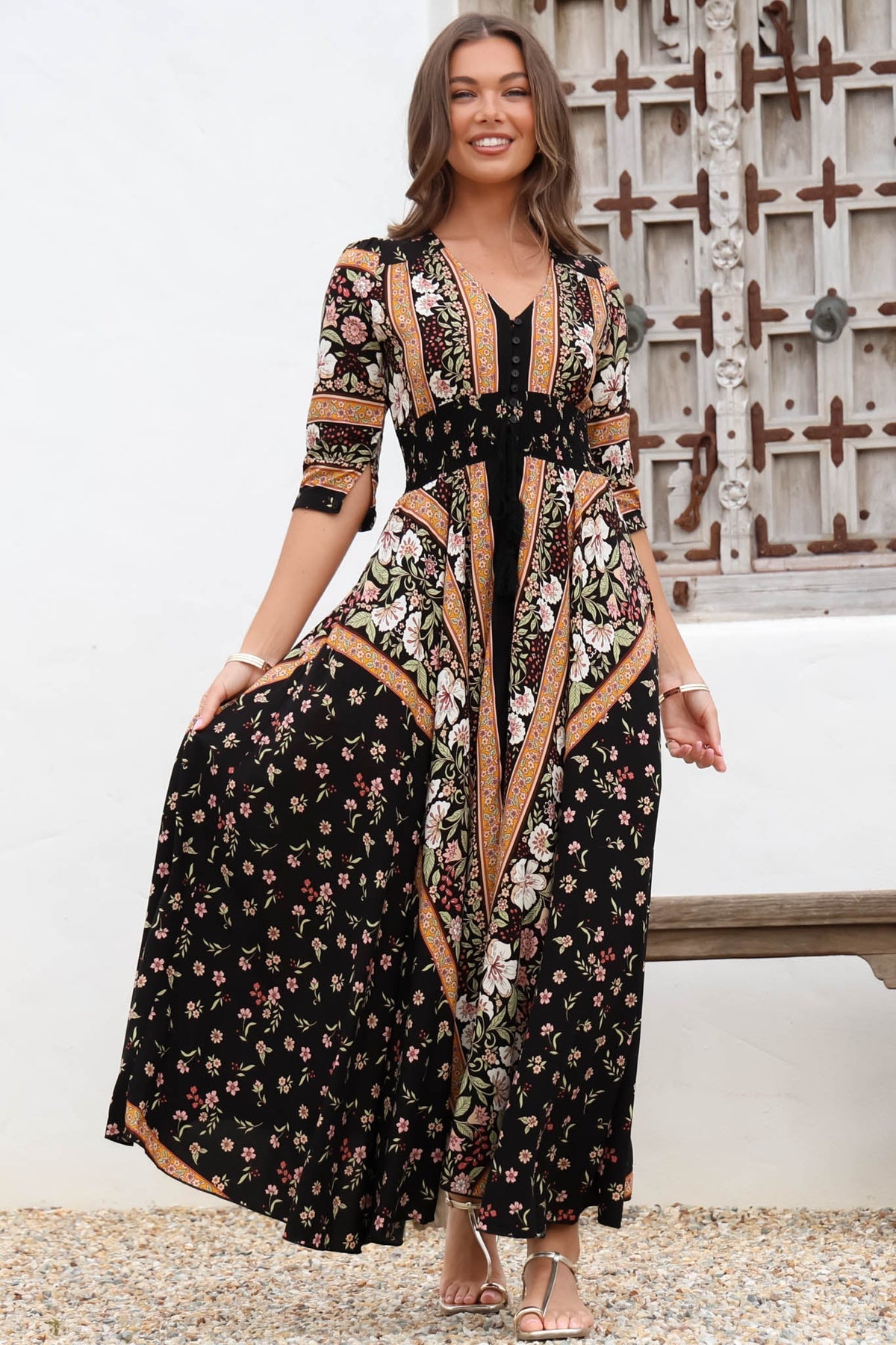 JAASE - Indiana Maxi Dress: Lace Back Shirred Waist A Line Dress with Handkerchief Hemline in Eternity Print