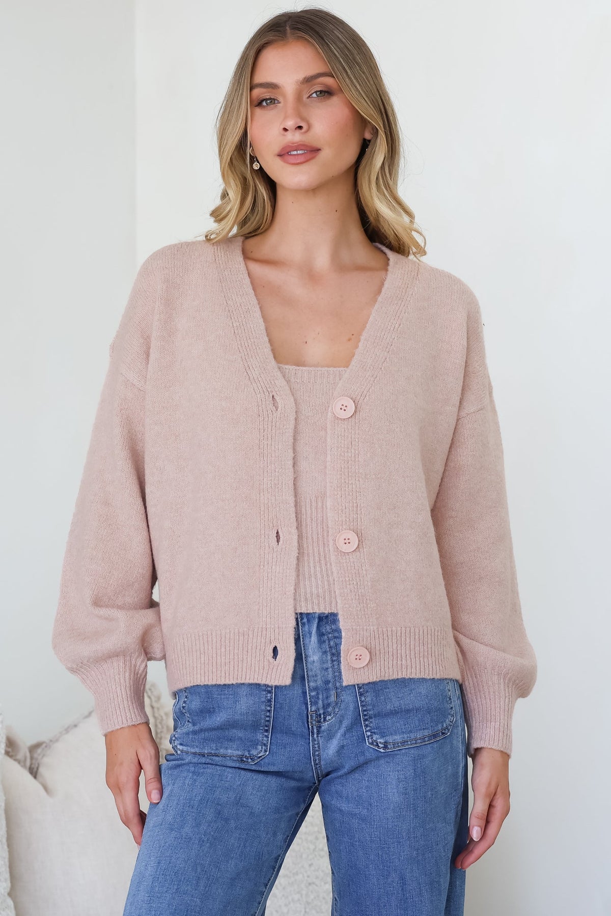 Indie Cardigan Set - Knit Top and Button Down Cardigan Set in Blush