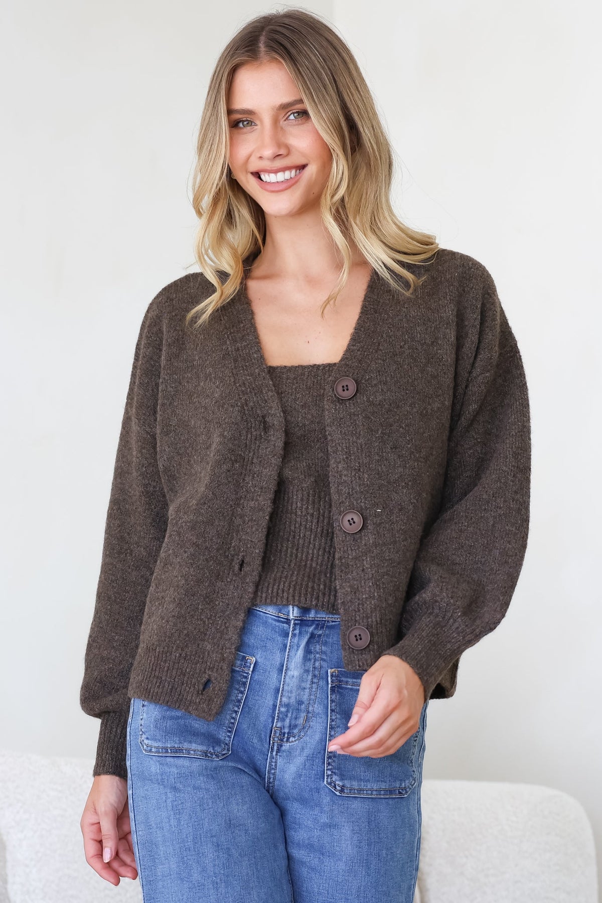 Indie Cardigan Set - Knit Top and Button Down Cardigan Set in Chocolate