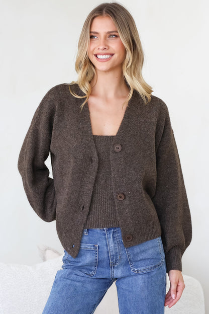 Indie Cardigan Set - Knit Top and Button Down Cardigan Set in Chocolate