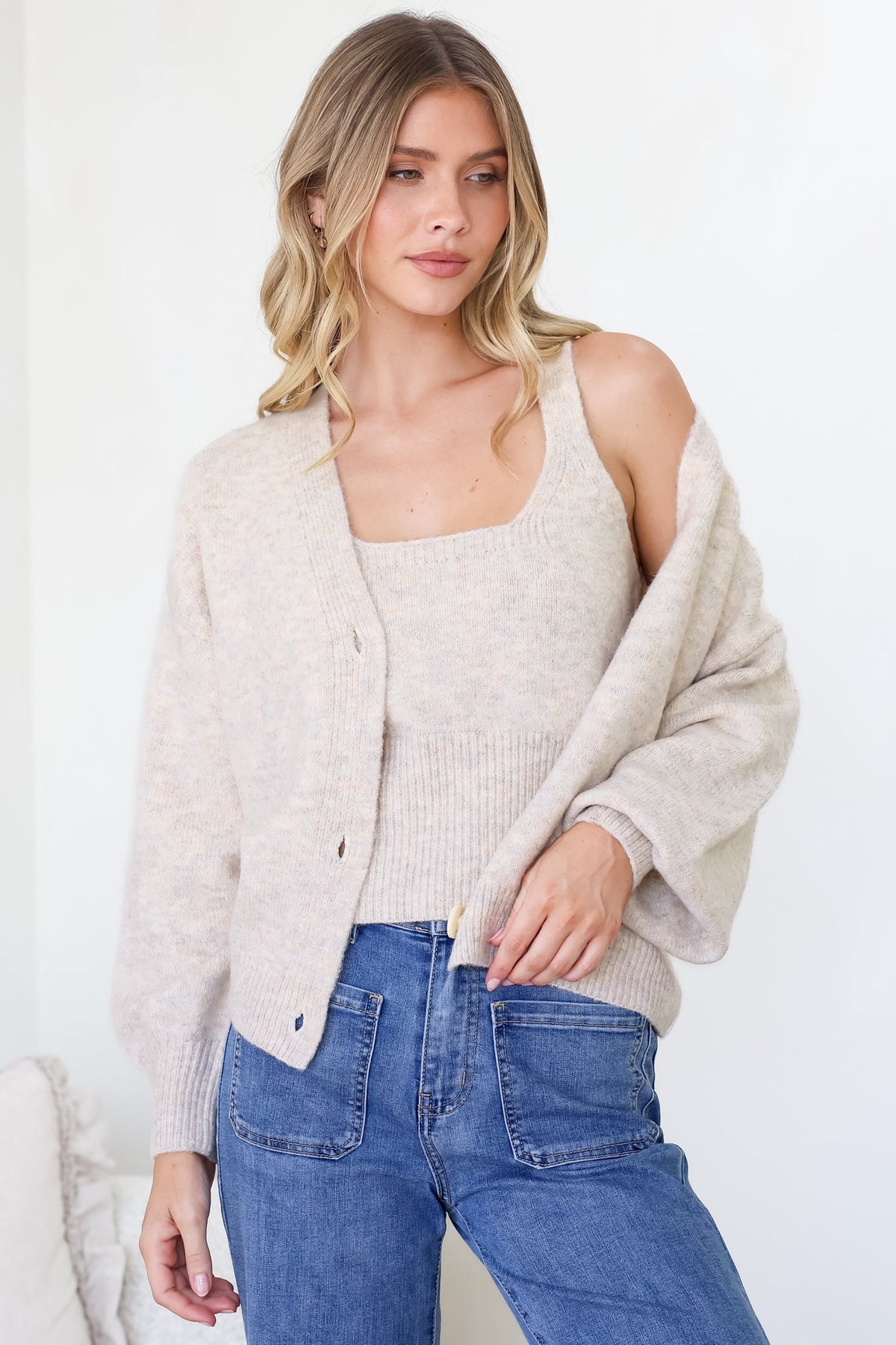 Indie Cardigan Set - Knit Top and Button Down Cardigan Set in Oatmeal