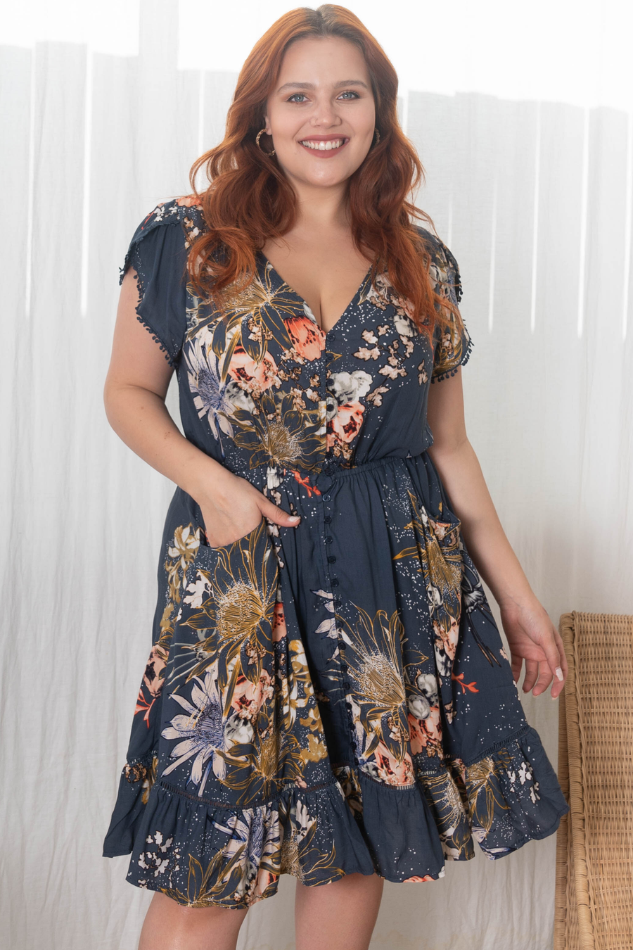 JAASE - Lizzie Mini Dress: Butterfly Cap Sleeve Button Down Dress With Pockets in Indigo Print